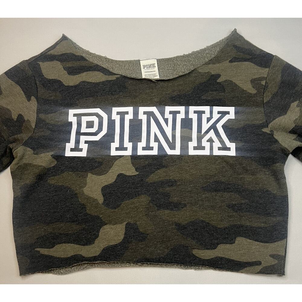 VS Victoria’s Secret PINK Slouchy Off Shoulder Crew Sz XS Camo Logo Green Black